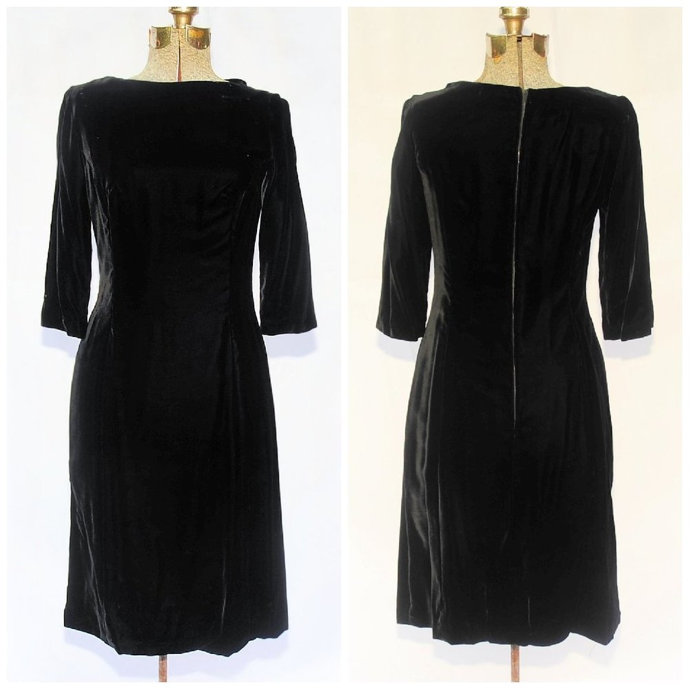 Vintage 50's 60's Black Velvet Shift Dress Cocktail Party Prom XS/S Metal Zipper